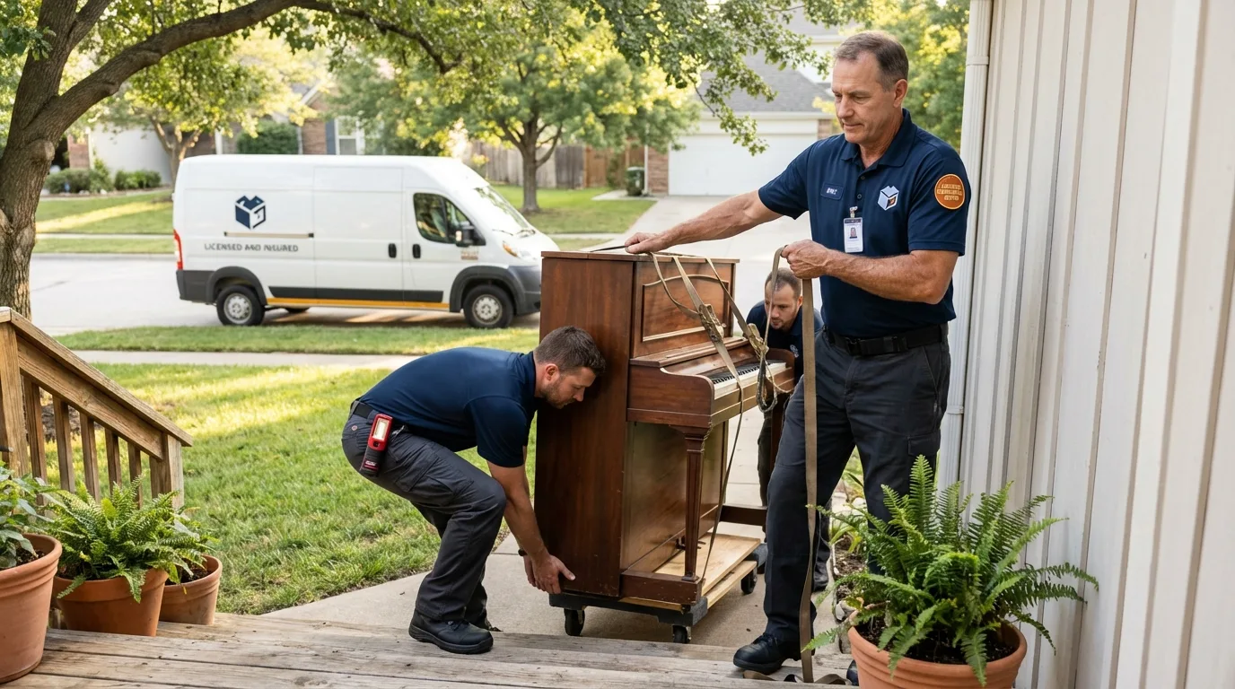 Licensed piano movers securing grand piano in Montgomeryville, PA