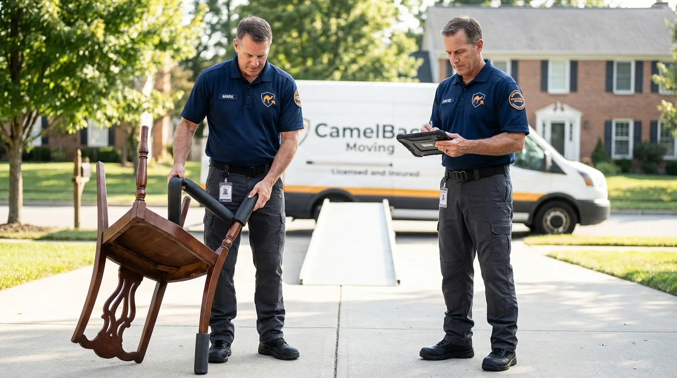 Movers inspecting furniture for damage prevention before loading in Montgomeryville, PA