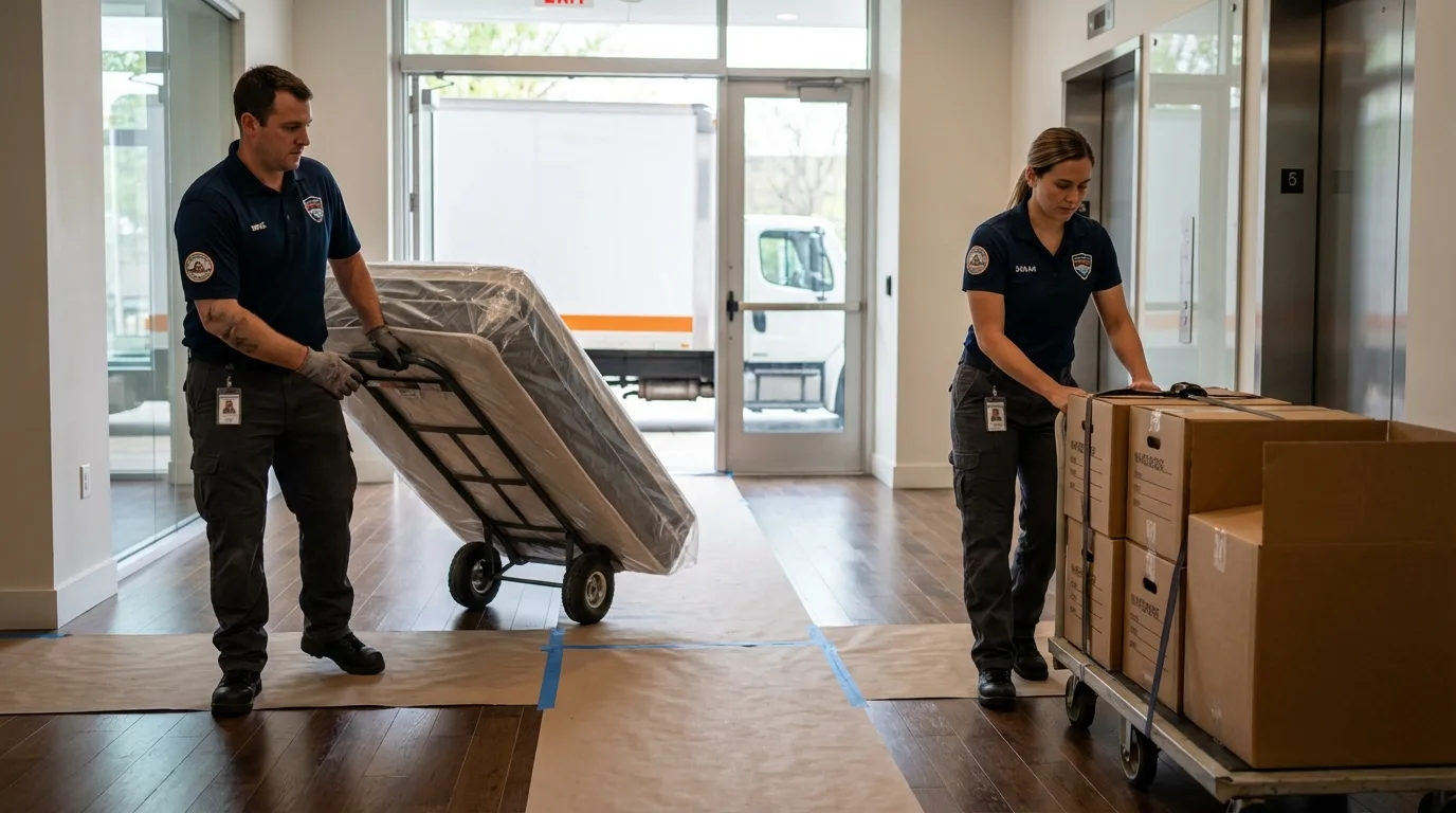 Professional apartment movers loading elevator in Montgomeryville, PA