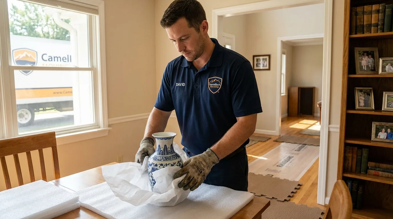 Professional crew carefully wrapping antique vase for senior downsizing move in Montgomeryville, PA